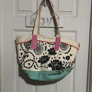 Floral Canvas Tote Bag with Pink Accents